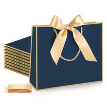Landscape Style Bags,Paper Gift Bags,Shopping Bags With Handles With Bow, Bridesmaid Handled Bags, Bow Tie Handle Bags, Suitable For Wedding, Birthday For Birthday,Anniversary, Wedding Party, Wedding Guest Favors, Graduation, Housewarming (Navy Blue) - Multicolor - View 2