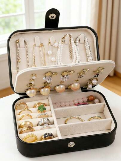 1pc PU Leather Jewelry Box, Snap Closure Jewelry Storage Box, Dual Layer Waterproof, Can Store Rings, Pendants, Earrings, Necklaces, Travel Jewelry Box, Wedding Supplies, Jewelry Stand, Jewelry Organizer, Travel Essential, Storage Box, Ring Box, Wedding Decor, Vanity Accessories, Jewelry Case, Storage Box, Hair Accessory Box, Gift For Her, Cruise Essential, Bridal Wedding Accessories, Mother's Day Gift, Teacher's Day Gift, Graduation Gift, Accessory Storage Box, Gift For Girlfriend, Anniversary Gift