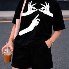 Boxy Women's Set With Capybara Eyes Design, Premium Cotton - Black - View 1
