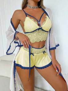 PetitDoll 3pcs/Set Women Lace Contrast Color Sleepwear Set - Màu tím - Xem 9