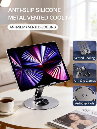 Giá đỡ điện thoại/máy tính bảng bằng kim loại xoay 360°, có thể gập lại và điều chỉnh, giá đỡ để bàn di động cho tất cả các loại điện thoại thông minh và máy tính bảng, giá đỡ chống trượt.