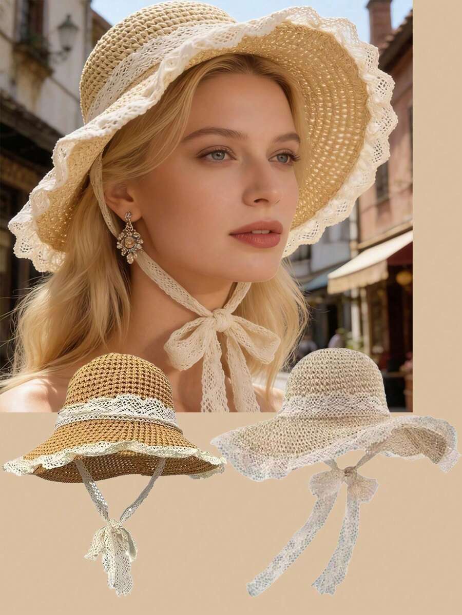 1 pieza Sombrero de sol ancho con borde de encaje estilo bohemio para mujer con cinta para atar, protección UV para verano, plegable y portátil, multiusos para playa, viajes, vacaciones y festivales - Multicolor 2 - Ver 1