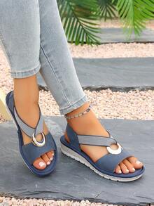 Sandal wedges wanita model liburan musim panas, model terbuka di bagian depan, bertali pergelangan kaki, dengan hiasan cincin logam dan sol tebal, cocok untuk pantai, liburan, dan pemakaian sehari-hari. - Biru - View 5