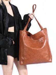 Bolso de tote de gran capacidad, bolso de mano de cuero sintético retro con bolsillo delantero, adecuado para el trabajo y los viajes - Marrón - Ver 4