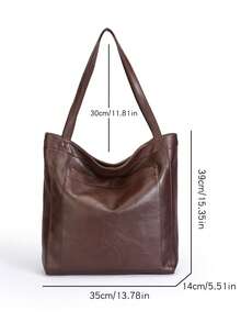 Large Capacity Tote Bag, Retro Faux Leather Handbag With Front Pocket, Suitable For Work And Travel - Coffee Brown - View 13