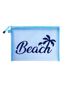 多色時尚網格沙灘包，印有「Beach」文字的化妝包，沙灘主題。大容量透明化妝包，尼龍拉鍊化妝包，輕巧，可存放防曬霜、零食、比基尼和沙灘必需品。春/夏儲物，耐用，非常適合游泳、沙灘、潛水和夏季假期，學生開學，輕巧防曬儲物包，適合朋友、母親節、開學季 - 彩色 - 查看 16