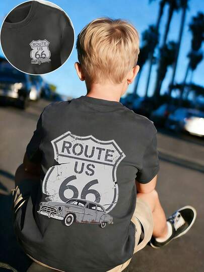 男童休闲趣味印花圆领短袖T恤，夏季上衣