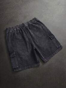 Pantalones cortos casuales lavados con bolsillos para hombres en verano - Negro - Ver 2