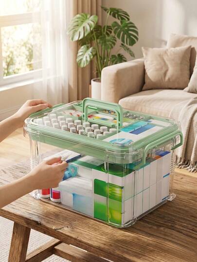 Caja de almacenamiento de medicina de plástico de gran capacidad y multicapa, organizador de primeros auxilios rectangular transparente moderno con asa, necesario para el hogar, viajes, dormitorio, artículo doméstico de caliente para la limpieza de primavera
