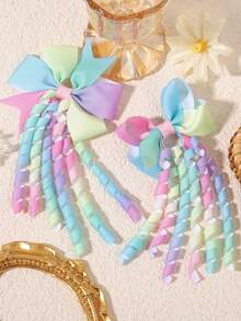 2pcs/Set Gradient Rainbow Curly Bow Hair Ties, Satin Scrunchies With High Elasticity, Versatile & Damage-Free For School/Party Hair Styling - Mixed color - View 2