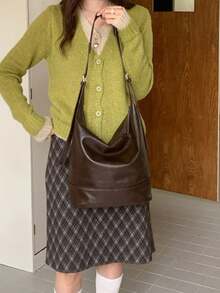 2026 New Arrival Minimalist Soft Leather Tote Bag, Large Capacity Commute & Daily Use Shoulder Crossbody Bucket Bag - Coffee - View 8