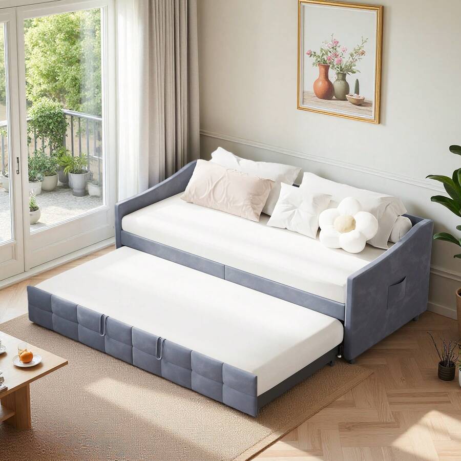 Superaly Canapé-lit extensible 90 x 200 cm, méridienne, lit multifonctionnel, lit capitonné, lit gigogne avec sommier à lattes et do-ssier, velours, sans matelas, gris - Gris - Voir 1