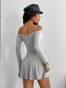 1 pieza Vestido de manga larga ajustado con hombros descubiertos para mujer - Gris Claro - Ver 2
