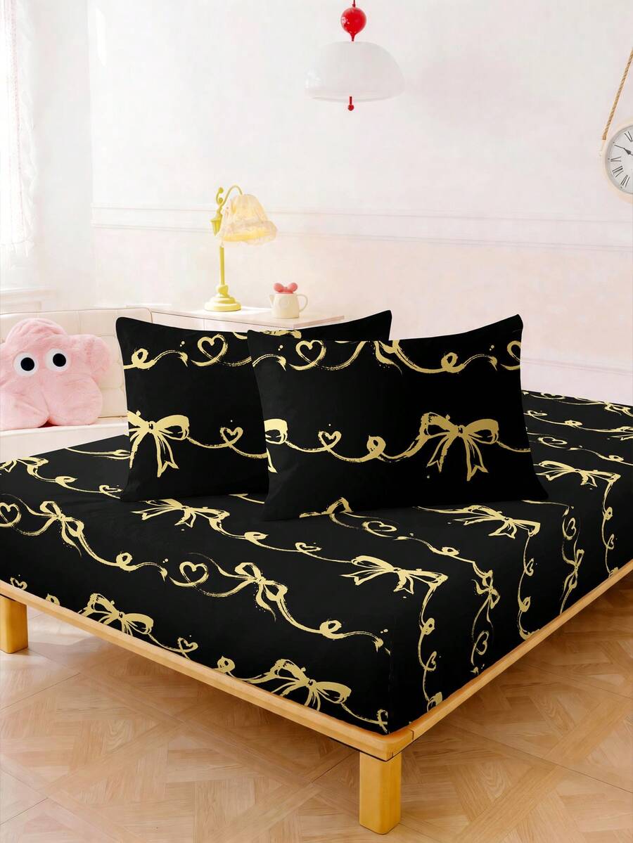 Bộ ga trải giường 2/3 món, chất liệu polyester chải mịn, họa tiết nơ và trái tim cổ điển, gồm 1 ga trải giường và 1/2 vỏ gối. - màu đen - Xem 1