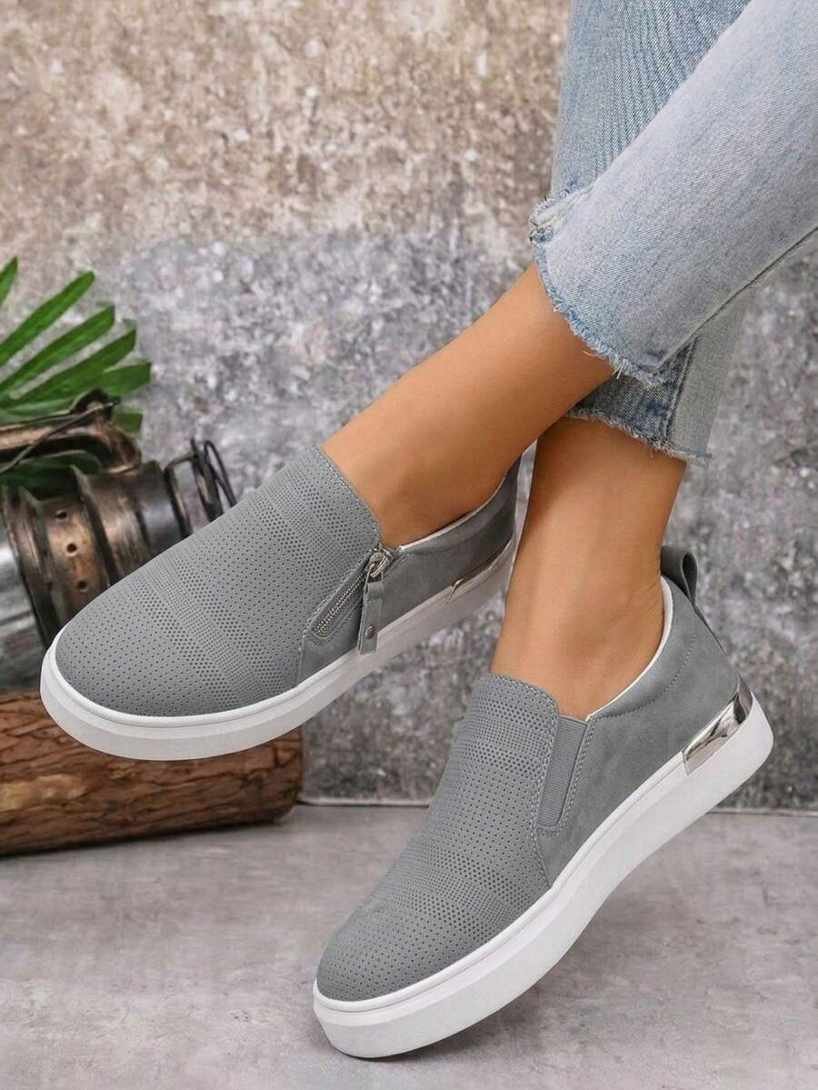 Women's Slip On Loafers With Arch Support & Side Zipper – Casual Fashion Sneakers 8010 - Xám - Xem 1