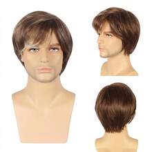 Peluca de hombre de 6 pulgadas con cabello corto texturizado marrón - Cabello resistente al calor con gorra de red de rosa, adecuada para el uso diario y el peinado en el trabajo - Marrón - Ver 2