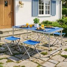 Portable Outdoor Table And Stool Set 1 Table + 4 Folding Chairs, Aluminum Frame, Great For Picnics, Camping, And Beach Trips - Blue - View 3