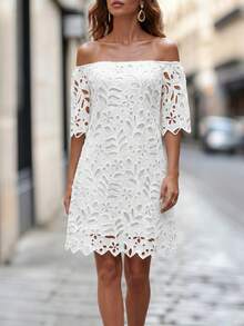 Vuslat Women's Summer Long Fashionable Casual Embroidered Hollow Off Shoulder Button Design Sleeveless A-Line Midi Dress, Suitable For Work Commute, Party, Outing, Vacation, Back To School, Office, Business Casual, Wedding, Graduation Ceremony, Holiday Outfit, Luxury Evening Gown - White - View 2