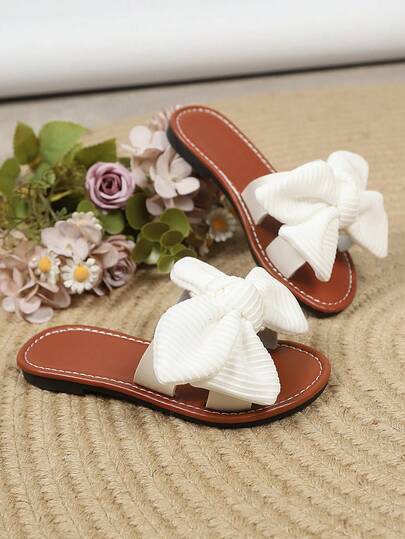 2026 Summer New Girls' Sandals, Soft Non-Slip Slip-On Slippers, Children's Outdoor/Indoor Bow Decor Striped Sweet Slides