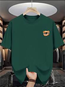 Summer TopsStylish T-Shirt Featuring An Adorable Bear Design, Relaxed Fit With Short Sleeves, Perfect For Everyday Wear, Door Activities, And Shopping - 深綠色 - 查看 2