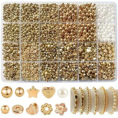 2000pcs Gold Spacer Beads Set, For Jewelry Making - 10 Different Types Of Beads Including Acrylic Pearl, Round, Square, Star, Heart Shaped Spacers, DIY Bracelets, Necklaces, Pendants And Crafts