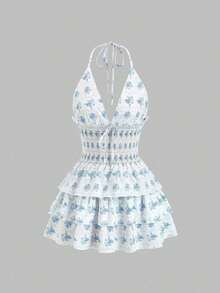 Vestido corto con volantes en el bajo, escote en V y estampado floral ditsy, estilo vacacional para /verano - Azul y blanco - Ver 9
