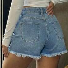 High Waist Distressed Denim Shorts, Street Style, Large Ripped Design, Essential Summer Outfit For Fashionable Women Casual - Blue - View 3