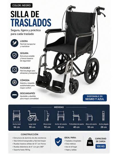 SILLA DE RUEDAS DE TRASLADO PLEGABLE CON RUEDAS DELANTERAS 360 CON FRENO DOBLE