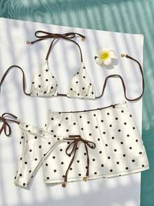 Bộ bikini 3 món dành cho nữ, họa tiết chấm bi nâu vàng, thích hợp cho các hoạt động ngoài trời, tập thể dục, mặc hàng ngày, phong cách Y2K, kỳ nghỉ, lễ hội âm nhạc, bãi biển mùa hè. - màu trắng nhạt - Xem 4