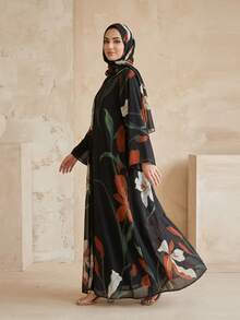 女士新款印花开襟休闲长袍，配头巾，日常穿着 - 黑色 - 查看 3