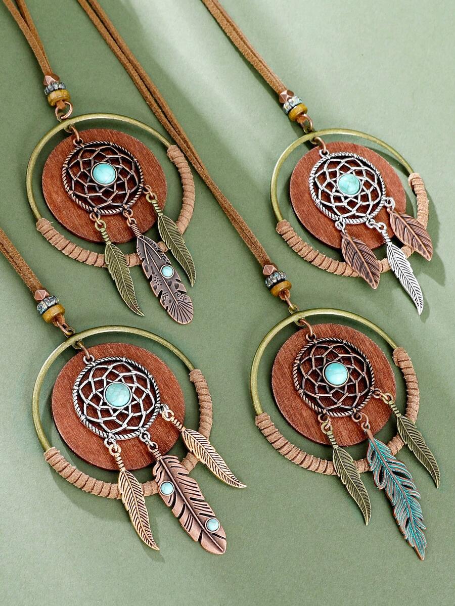 TopHanqi Dây chuyền dài phong cách Bohemian cổ điển, mặt dây chuyền hình lông vũ và đá ngọc lam, dây chuyền phong cách miền Tây cho kỳ nghỉ, phụ kiện dây chuyền áo len đa năng dành cho nữ. - Nhiều màu - Xem 1