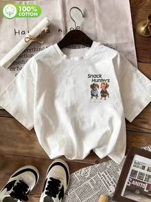 Damen Lässig Dackel Snack Jäger Muster T-Shirt, Kurzarm Rundhals Schulterfall Tee, Süßes lockeres Oberteil für Herbstoutfits, Outdoor, Y2K - Weiss - Übersicht 2