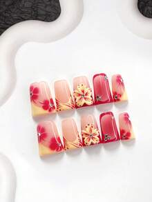 10 Pcs Tropical Resort Style Handmade Nail Art Set,Polygel Nail Set,Small Diamond Nail Art Accessories,Nude-Pink Base Accented With Contrasting Red And Yellow, Featuring Hand-Painted Red Flowers And Hand-Sculpted 3D Floral Details Nail Art Decorations,Pink, Yellow, Red Nail Polish,New Chinese Style,Comes With Nail Tools - Nhiều màu - Xem 10