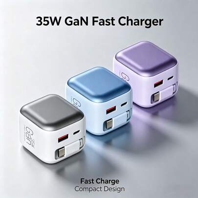 GaN 快充牆充 1個 35W 可折疊 USB-C 充電器，PD 牆充附伸縮 Type-C 線與雙連接埠，相容 iPhone 17 Pro Max/17 Pro/17/Air/16/15、Pixel 裝置，陣亡將士紀念日夏季開跑