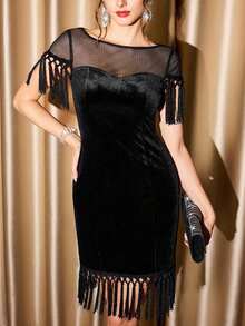 Vestido de mujer elegante y clásico vintage para fiesta, vestido de terciopelo ajustado con contraste de malla, vestido mini con flecos, vestido corto negro - Negro - Ver 5