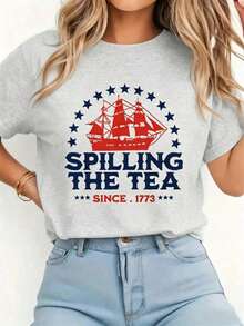 1pcsFunny 4th Of July Spilling The Tea Since 1773 Fourth Of July T-Shirt Print T-Shirt Casual Comfort Tee-Women Casual Going Out Tees - 淺灰色 - 查看 1