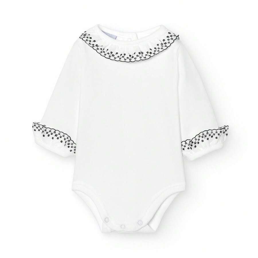 KIWI BABIDU | Baby Bodysuit Long Sleeve 100% Cotton Batiste Collar With Lace Trim, Newborn Baby Bodysuit Soft Hypoallergenic And Breathable Fabric, Unisex Baby Clothes For Boys And Girls, First Outfit, For Everyday Use - Marino - View 1