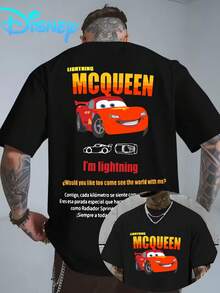1pc, Disney Men's T-Shirt, Double Print Design Cars Lightning McQueen Cartoon Print, Crew Neck Casual Comfortable Short Sleeve T-Shirt, Breathable And Light, Suitable For Sports And Leisure Wear, Loose T-Shirt, Suitable For Gifts, Suitable For Travel - màu đen - Xem 6