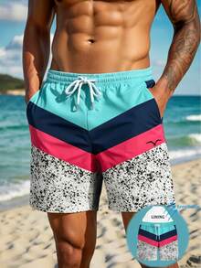 男士夏季夏威夷休闲度假弹力腰抽绳宽松泳裤，速干双层网眼内衬，海鸥艺术3D印花图案，时尚休闲沙滩短裤 - 彩色 - 查看 1