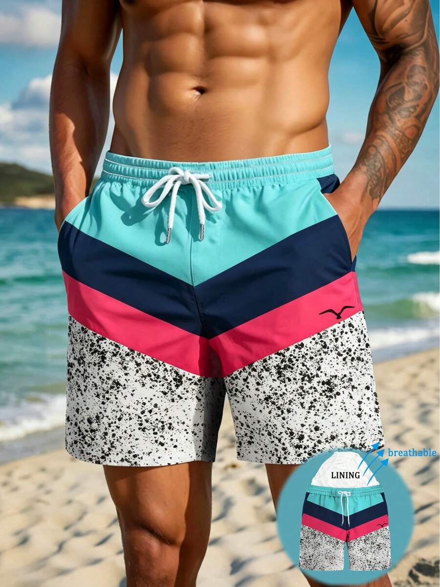 男士夏季夏威夷休闲度假弹力腰抽绳宽松泳裤，速干双层网眼内衬，海鸥艺术3D印花图案，时尚休闲沙滩短裤 - 彩色 - 查看 1
