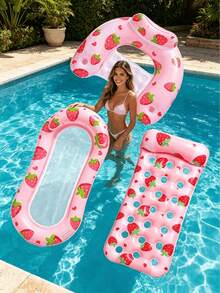 1pc Inflatable Pool Float, Pink Strawberry Patterned, PVC Material, U-Shaped, Float Bed Or Float Raft Options, Portable For Summer Travel & Vacation, Suitable For Pool, Beach, Party Use, Great Gift For World Cup In USA, Canada, Mexico - Multicolor - View 2