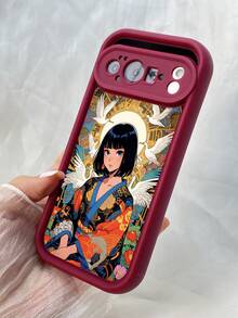 NR12 鶴を持ったアニメ少女,対応するPixel 10 9 8 Pro 9A 8A ケース、対応するiPhone17 16 15 14 13 12 11 Pro Max 7 8 16 15 14 Plus 16e 17e 17 Air ケース、フルカメラ保護ソフト TPU ケース、キャンディカラーエンジェルアイラダーマットシリコン肌に優しいタッチフォンケースカバー（女性＆女の子向け） - バーガンディ - チェックする 4