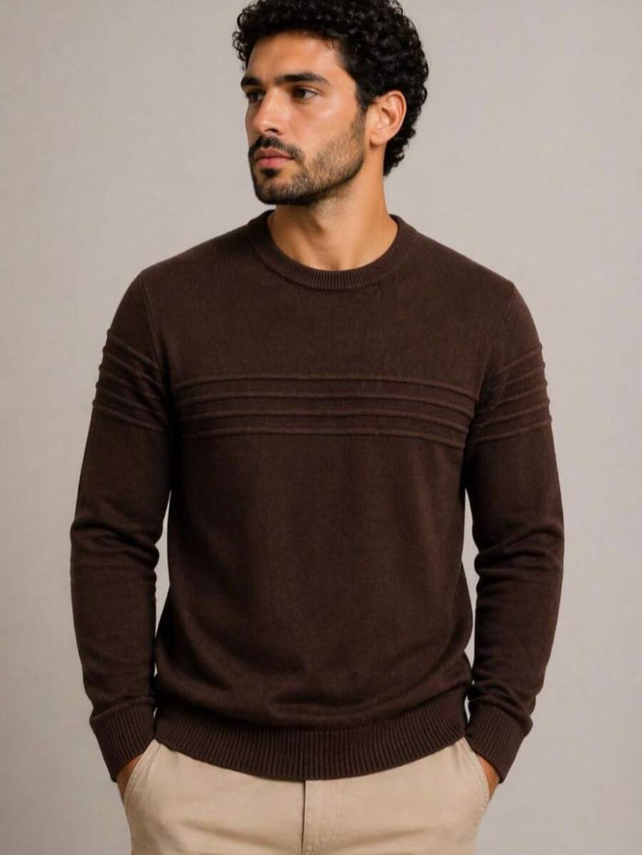 Men's Long Sleeve Sweater, Basic Winter, Round Neck, Old Money Style 2026 - 鏽棕色 - 查看 1