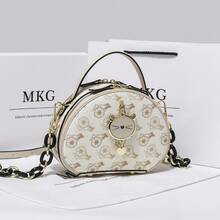 Bolso redondo de cuero genuino de alta gama para mujer, novedad de verano 2026, bolso de hombro y bandolera versátil y elegante para mujer. - Estampado floral blanco roto - Ver 5