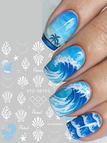 2 Pcs 5D Embossed Ocean Coral Seashell Nail Art Stickers With Jewelry Simple Style Starfish Water Wave Self-Adhesive Decals For Nails Elegant Summer Sea Creature Nail Decoration - Multicolor - View 5
