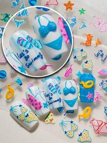 6D Embossed Summer Nail Art Stickers, Includes Colorful Bikini, Swimming Ring, Starfish, Swimsuit And "It's Swimming/It's Summer" Cute English Slogan, Fresh And Vibrant Colors, Suitable For Beach Vacation, Summer Party, Casual Outfit, Nail DIY, Suitable For Sweet Girls, Students, Moms, Nail DIY Beginners, Summer Lovers - Multicolor - View 7