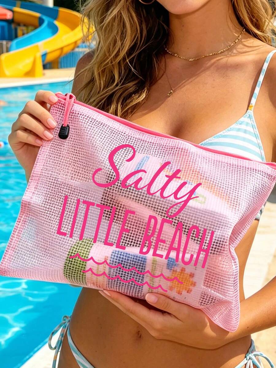 防水時尚沙灘包，印有「Salty Little Beach」海洋波浪圖案。大容量透明化妝包，尼龍拉鍊 - 輕量、春/夏收納，適合游泳、沙灘、潛水和夏季度假，學生返校，輕量防曬收納包，適合朋友、家人、閨蜜、同學。生日、節日、派對、婚禮（伴娘）、教師節、郵輪必備、夏季度假禮物的完美禮品和紀念品