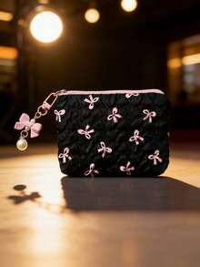 Cute Bow & Heart Pattern Wristlet Makeup Bag. Large Capacity Cosmetic Organizer & Travel Makeup Pouch, Elegant Gold-Tone Hardware (Black/White/Pink) - Perfect Gift - Multicolor - View 17