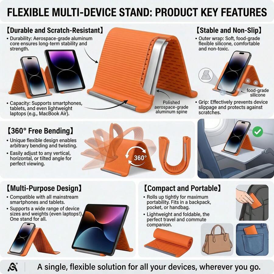 Soporte plegable portátil de silicona para teléfono, soporte de teléfono flexible antideslizante de aluminio, moldeable libremente en cualquier forma, ajustable en múltiples ángulos - Naranja - Ver 1