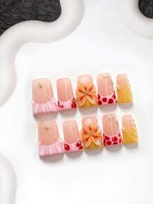 10片裝溫柔島嶼風手工穿戴甲，Polygel美甲套組，雕花花卉、水波紋理、珍珠裝飾，黃色、紅色、粉色指甲油，溫柔風格，附美甲工具，3種尺寸可選，杏仁形、鴨嘴形、棺材形，適合派對、舞蹈、日常配戴 - 彩色 - 查看 12